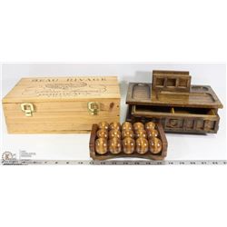 BOX W/ PINE BOX, MEN'S JEWELLERY BOX & WOOD BACK