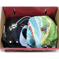 FLAT OF TRUCKER HATS AND BACKPACK.