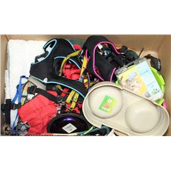 LARGE BOX OF PET ACCESSORIES INCL HARNESSES,