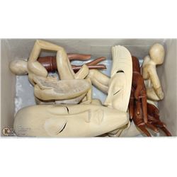 TOTE WITH ASSORTED HAND CARVED WOOD MASKS, HANDS