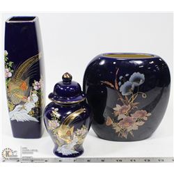 3 BLUE MADE IN JAPAN VASES AND LIDDED CANDY DISH