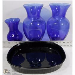 SET OF 3 BLUE GLASS VASES (ASST SIZE) &CORNINGWARE