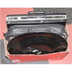 BOX OF MISC FRAMES, DECORATIVE PLATE, BRIEFCASE