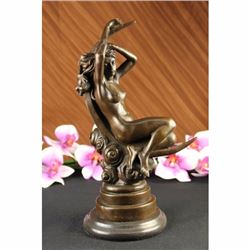 Nude Woman Sitting on Moon Bronze Sculpture on Marble Base