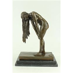Nude Girl on Marble Plinth Art Deco Bronze Statue