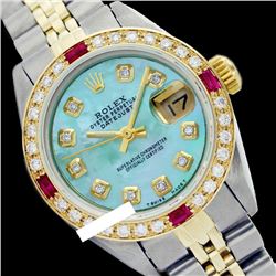 Rolex Ladies Two Tone 14K Gold/SS, Diam Dial & Diam/Ruby Bezel, Saph Crystal - REF-368N7F