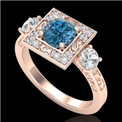 1.55 CTW Intense Blue Diamond Solitaire Art Deco 3 Stone Ring 18K Rose Gold - REF-178X2T - 38175