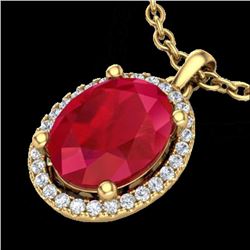 3 CTW Ruby & Micro Pave VS/SI Diamond Certified Necklace Halo 18K Yellow Gold - REF-59R3K - 21088