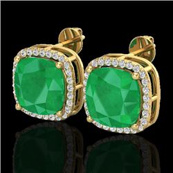 12 CTW Emerald & Micro Pave Halo VS/SI Diamond Earrings Solitaire 18K Yellow Gold - REF-158N2Y - 230