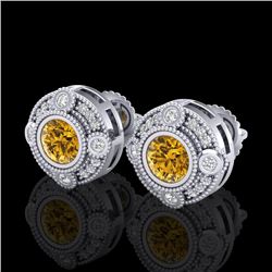 1.5 CTW Intense Fancy Yellow Diamond Art Deco Stud Earrings 18K White Gold - REF-178T2X - 37700