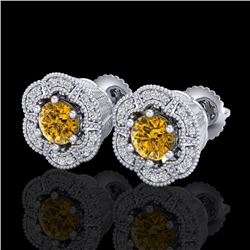 1.51 CTW Intense Fancy Yellow Diamond Art Deco Stud Earrings 18K White Gold - REF-178M2F - 37966