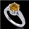 2.2 CTW Intense Fancy Yellow Diamond Engagement Art Deco Ring 18K White Gold - REF-336Y4N - 38092