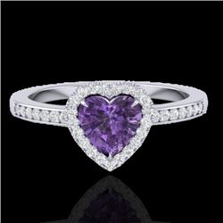 1 CTW Amethyst & Micro Pave Ring Heart Halo 14K White Gold - REF-33R6K - 21400