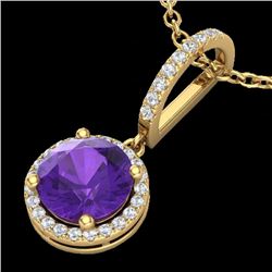 2 CTW Amethyst & Micro Pave VS/SI Diamond Necklace Designer Halo 18K Yellow Gold - REF-54H8W - 23191