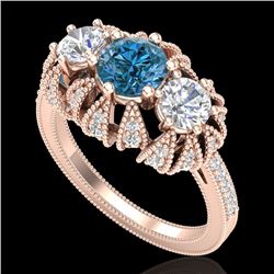 2.26 CTW Fancy Intense Blue Diamond Art Deco 3 Stone Ring 18K Rose Gold - REF-254W5H - 37748