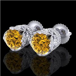 3 CTW Intense Fancy Yellow Diamond Art Deco Stud Earrings 18K White Gold - REF-349K3R - 37420