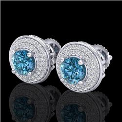 2.35 CTW Fancy Intense Blue Diamond Art Deco Stud Earrings 18K White Gold - REF-236R4K - 38132