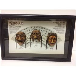 3 CHINESE OPEA MASKS IN SHADOW BOX DISPLAY