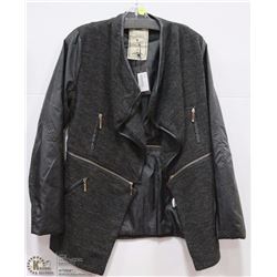 LONG FAUX LEATHER SLEEVED JACKET SIZE MEDIUM