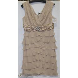 CHAMPAGNE RUFFLE & LACE DRESS SIZE 8