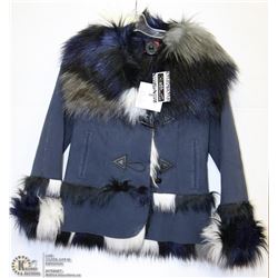 BLACK & NAVY FAUX FUR TRIMMED COAT SIZE 4