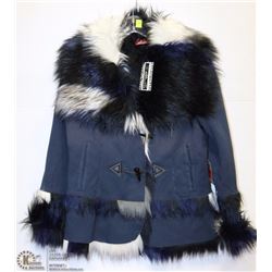 BLACK & NAVY FAUX FUR TRIMMED COAT SIZE 10