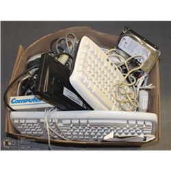 BOX OF KEYBOARDS, COMPUTER ACCESSORIES, PRICE GUNS