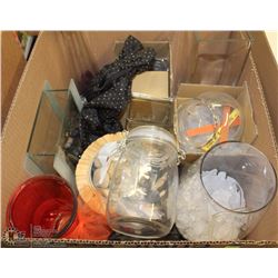 BOX OF ASSORTED GLASS CONTAINERS, DECORATIVE ROCKS