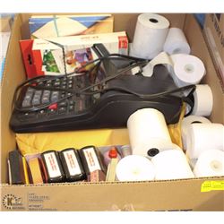 BOX OF ADDING MACHINE, TAPE ROLLS,  OFFICE STAMPS