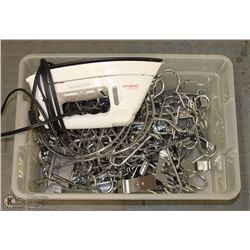 BIN OF METAL SHELVING HOOKS AND SUNBEAM IRON