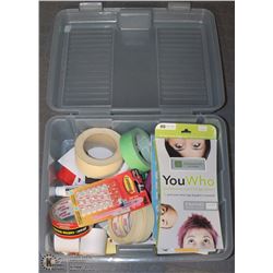 BIN OF ASSORTED SEWING ITEMS, TAPE ROLLS AND MORE