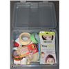 Image 1 : BIN OF ASSORTED SEWING ITEMS, TAPE ROLLS AND MORE