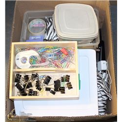 BOX OF ASSORTED OFFICE ITEMS, STORE BAGS AND MORE
