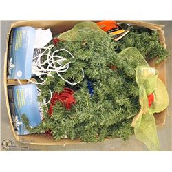 BOX WITH ASSORTED CHRISTMAS DECORATIONS & LIGHTS