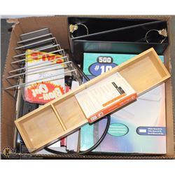 BOX OF OFFICE ITEMS, ENVELOPES, METAL ORGANIZERS,