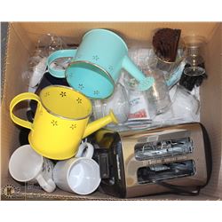 BOX OF ASSORTED ITEMS, INCLUDES TOASTER, CUPS,