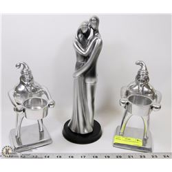 2 CANDLE HOLDERS & 1 STATUE