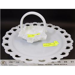 MILK GLASS TRAY SOLD WITH MILKGLASS BRIDAL BASKET