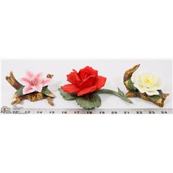 3 VINTAGE CAPODIMONTE FLOWERS