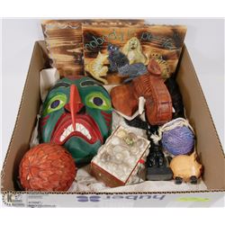 BOX FULL OF WOOD CARVINGS - FACE MASK,