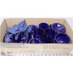 #4-BOX WITH BLUE DECOR , SAUCERS, SUGAR CREAMERS,
