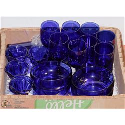 #8-BOX WITH BLUE DECOR ,TUMBLERS, WINE GLASSES,