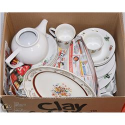 BOX WITH ASSORTED DISHES INCL RIDDEAU POTTERY