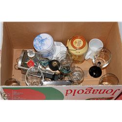 BOX OF COLLECTOR GLASSES, TRAIN DECANTER