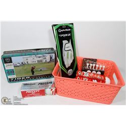 BIN OF GOLF ITEMS, INCLUDES GLOVES, TIGER WOODS