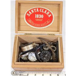 CIGAR BOX OF MISC. WATCH PARTS INC. BULOVA, TIMEX