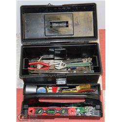 BLACK TOOL BOX WITH CONTENTS, INCLUDES HAMMER,