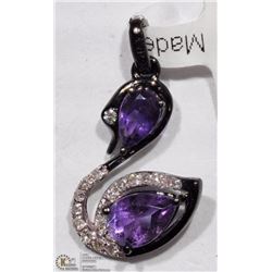 14K WHITE GOLD RHODIUM AMETHYST & DIAMOND PENDANT