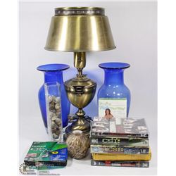 MIXED BOX OF VASES, SHELLS, FUJI FILM CDR PHOTO