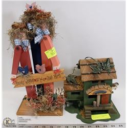SET OF 2 WOOD GARDEN ORNAMENTS - BIRD HOUSE &